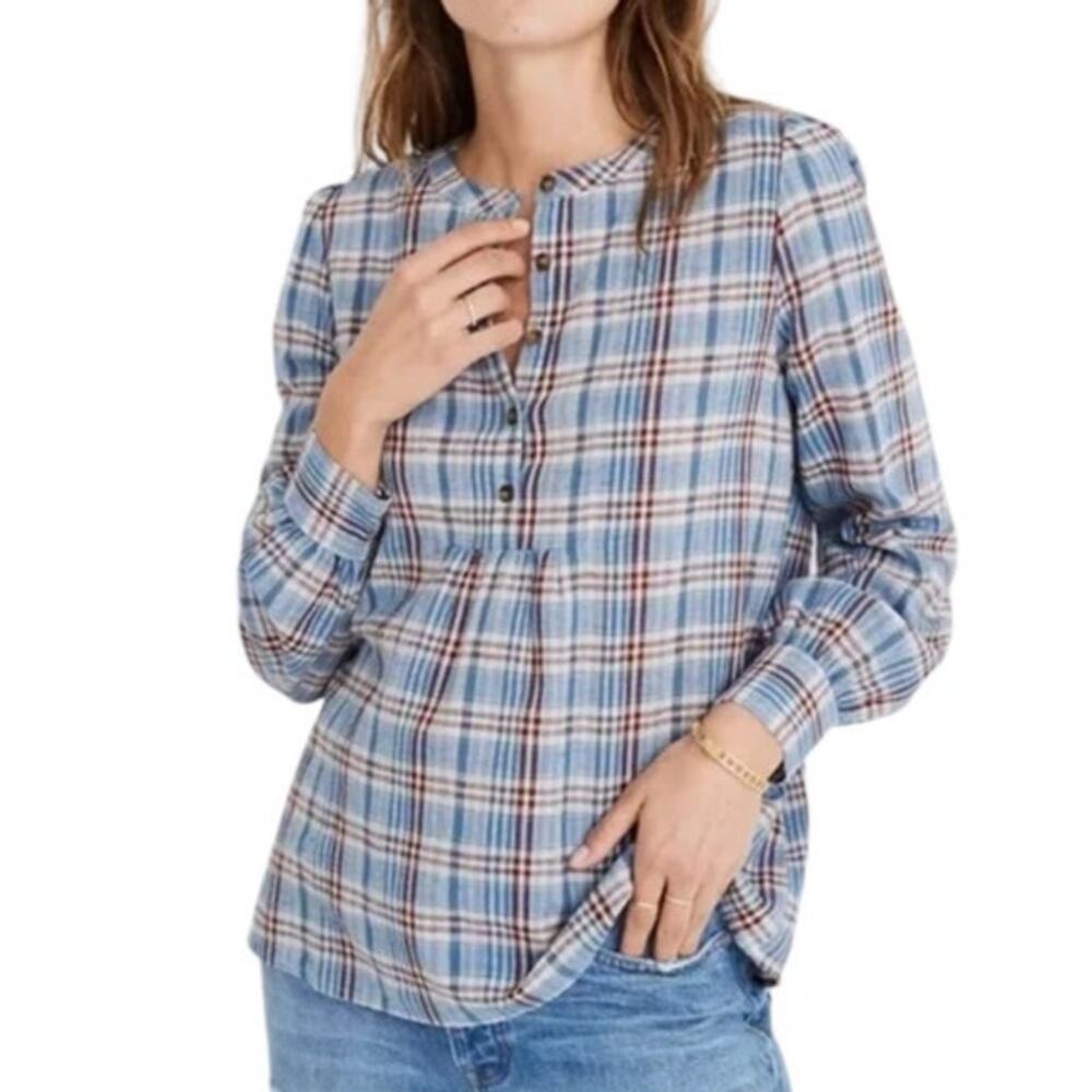 Madewell Leysfield Linen Blend Plaid Popover Shirt Size Medium